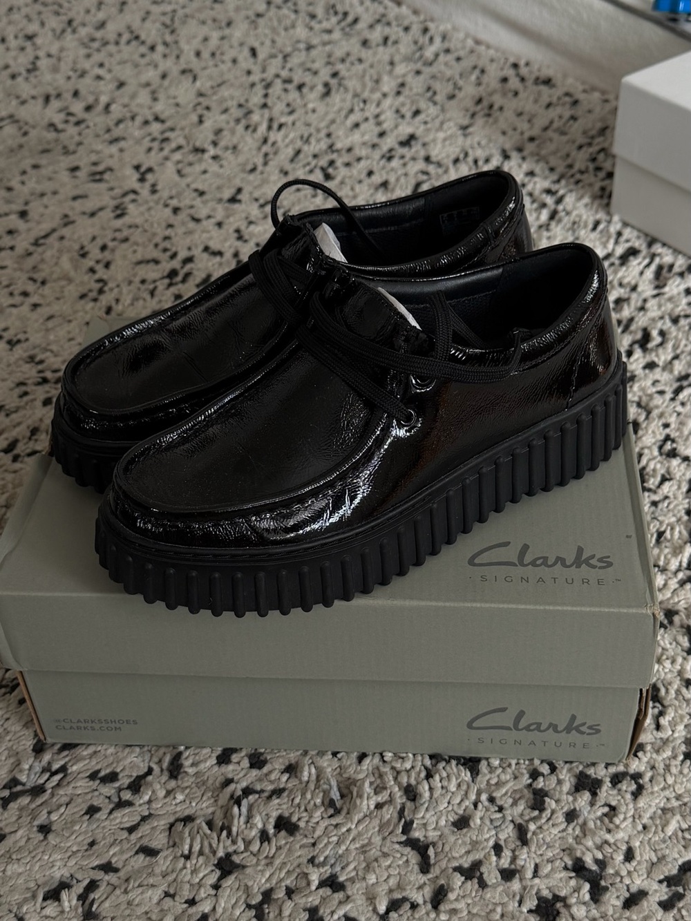 Clarks Black Patent Leather Platform Shoes